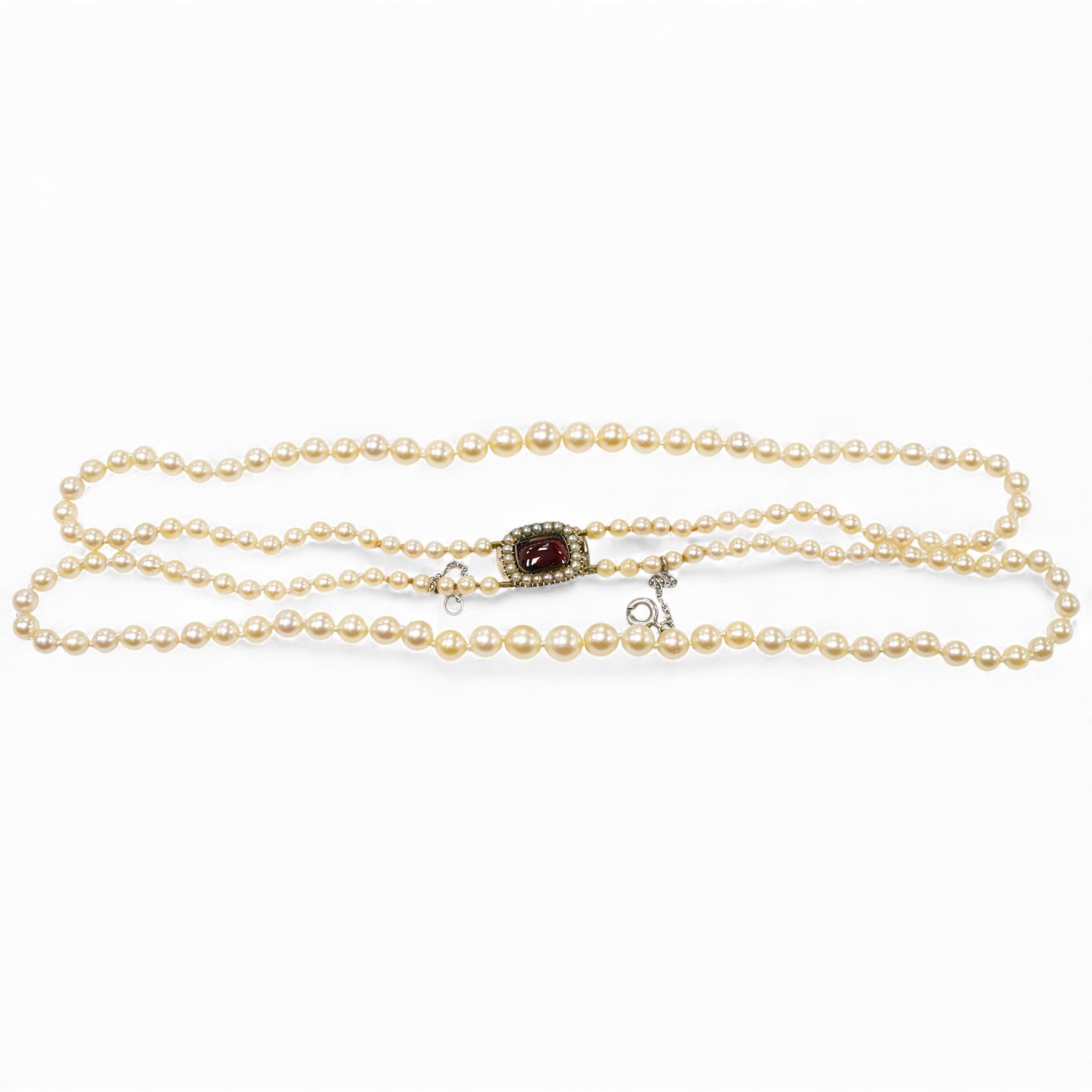 A cultured pearl and garnet necklace, 19th century and later